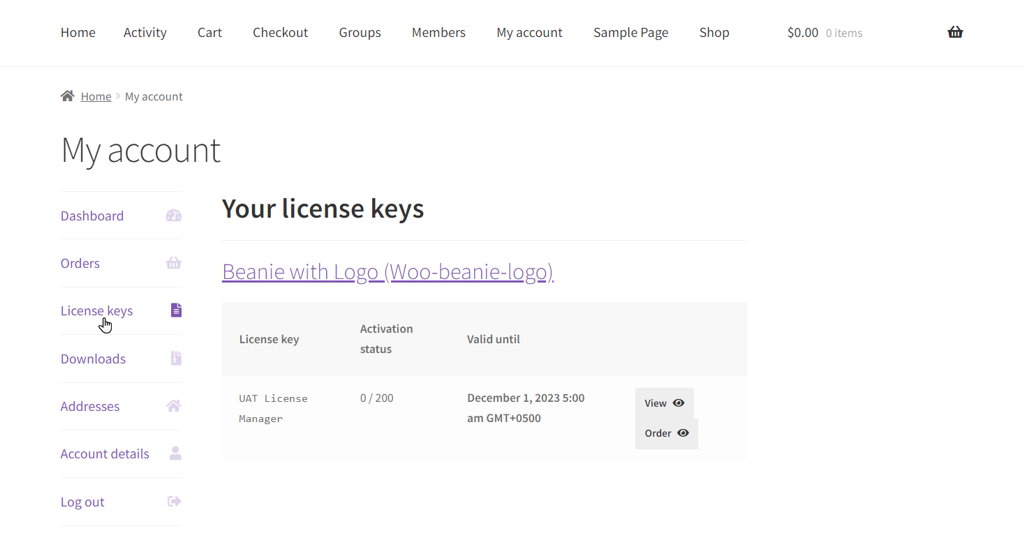 License Keys in My Account Page